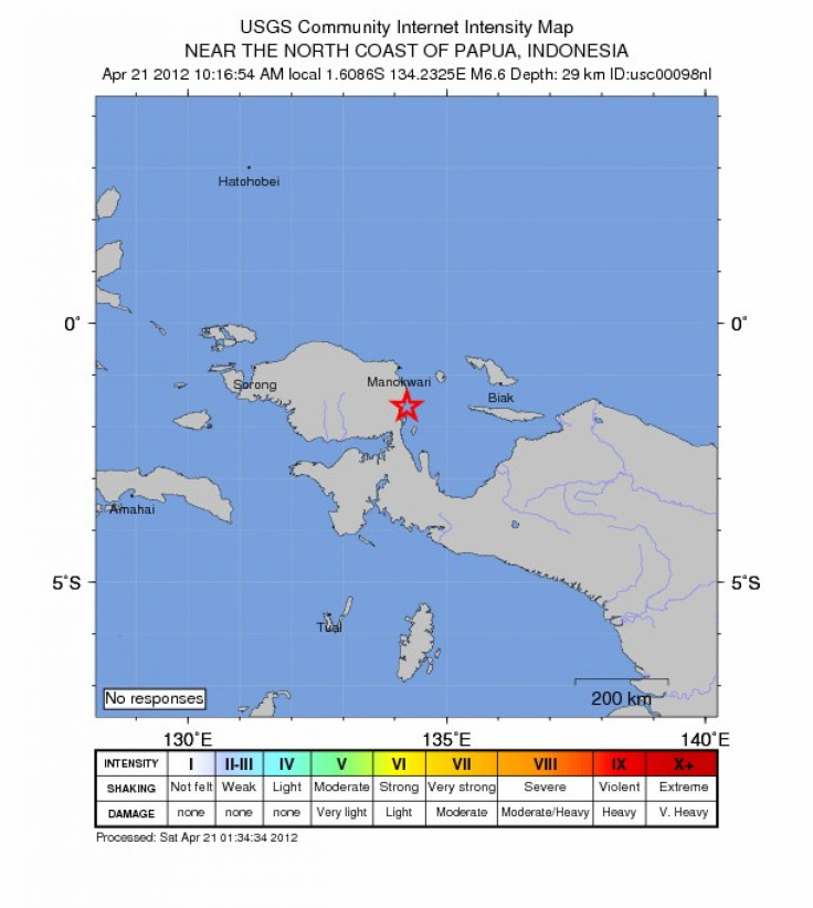 USGS Community Internet Intensity Map of the area around the magnitude-6.6 earthquake that struck close to the Indonesian coast on Saturday at 10:17 a.m. local time (Friday at 8:17 p.m. EDT).