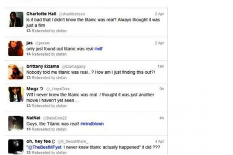 Screen-shot of the thread where Twitter users learn Titanic was a real-life disaster.