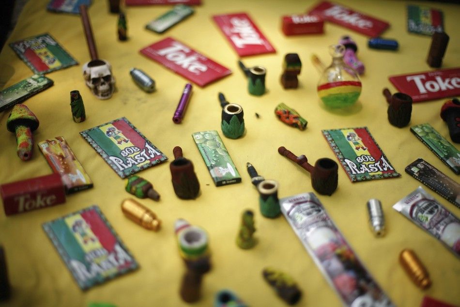 Marijuana paraphernalia is displayed during a rally to demand the legalization of marijuana in Mexico City