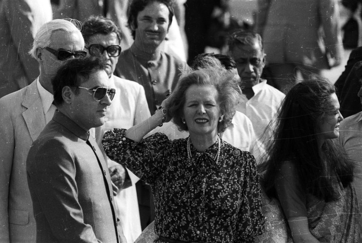 British Prime Minister Margaret Thatcher is welcomed at Delhi's International Airport today by Indian Prime Minister Rajiv Gandhi. Thatcher's 18-hour visit to India marks the last leg of her six-nation tour on April 13, 1985.
