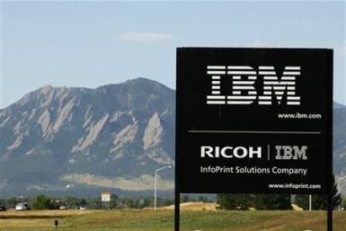 The sign at the IBM facility near Boulder, Colorado is seen with the Boulder Flatiron mountains in the background