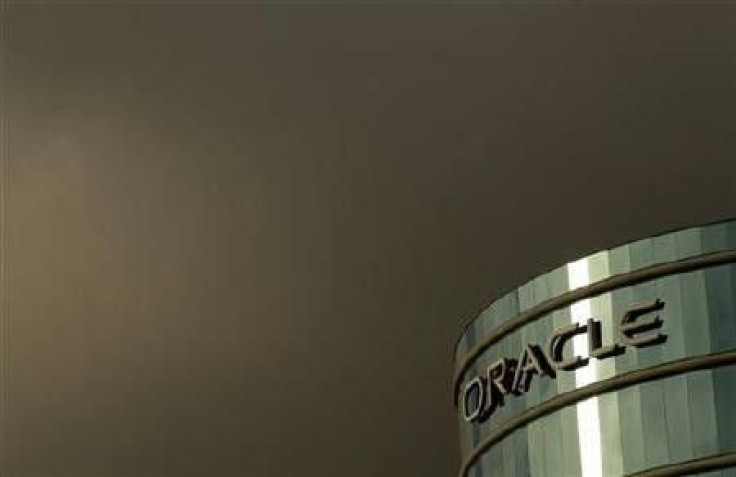 The company logo is shown at the headquarters of Oracle Corp in Redwood City, California