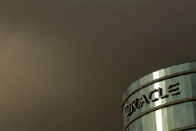 The company logo is shown at the headquarters of Oracle Corp in Redwood City, California