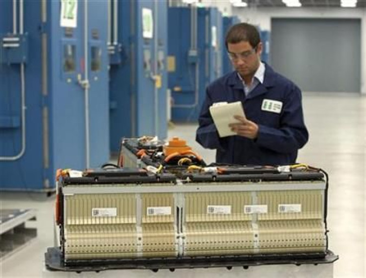 A battery engineer checks a Chevrolet Volt battery at the General Motors Global Battery Systems Lab in Warren, Michigan