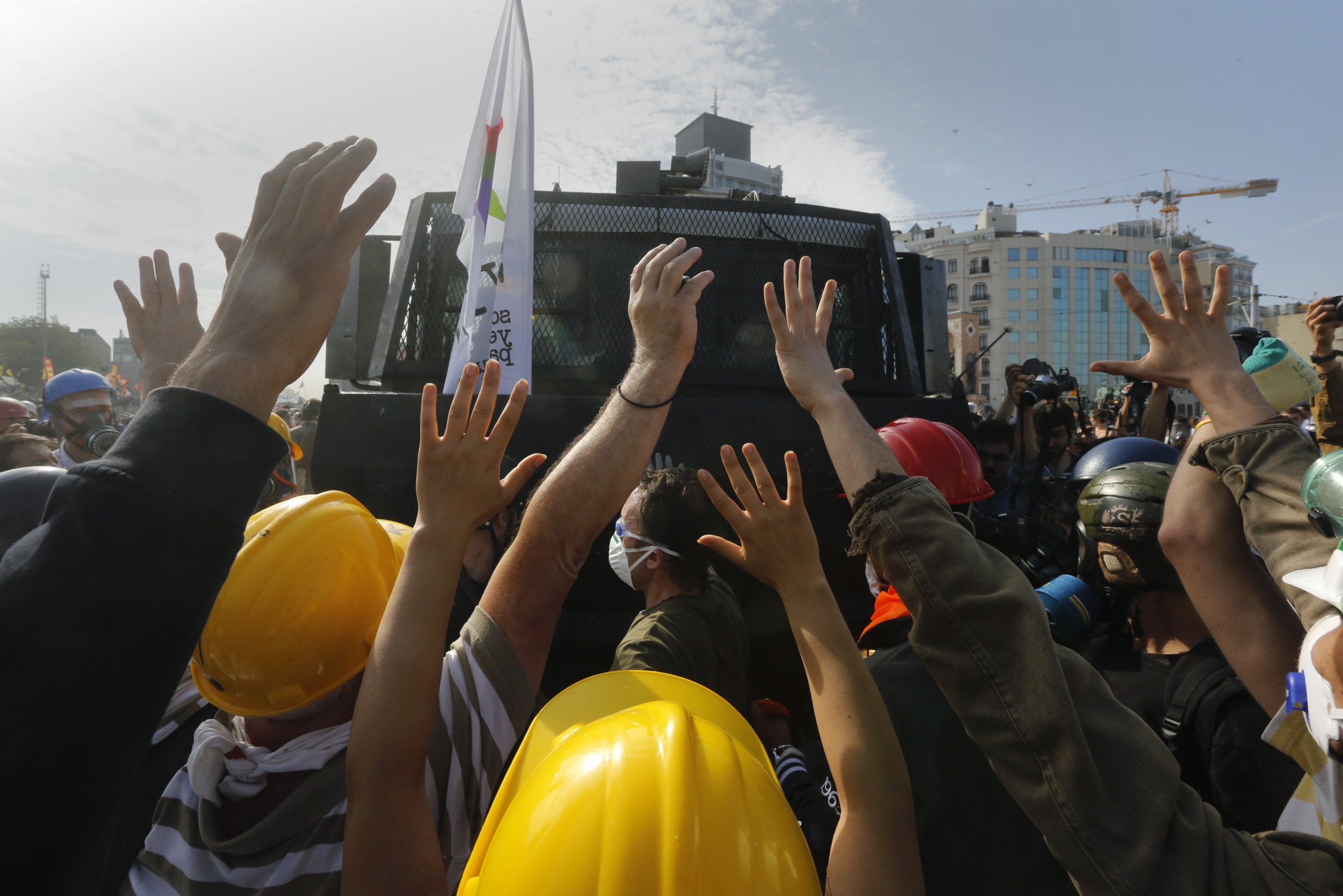 Protesters Stop Water Cannon Vehicle