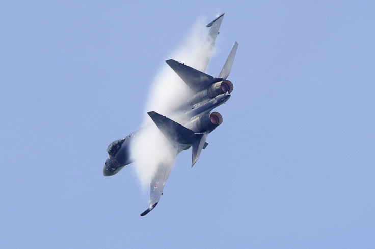 The Sukhoi Su-35 Flanker-E maneuvers during the Paris air show. 