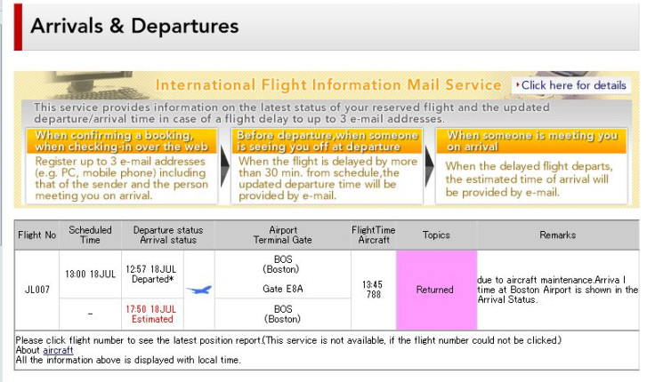 Japan Airlines JL7 Status