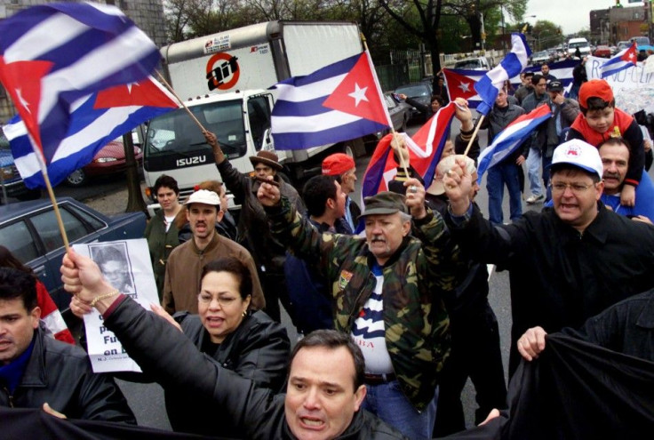 CUBAN AMERICAN PROTESTORS MARCH IN STREETS OF UNION CITY NEW JERSEY.