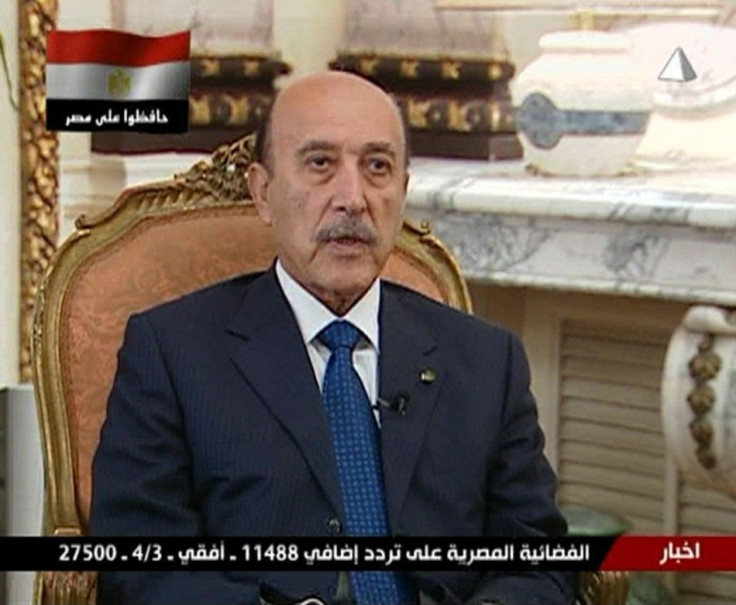 Egypt's Vice President Omar Suleiman talks in a pre-recorded interview on state television.