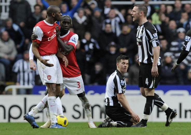 Arsenal's Diaby reacts to Newcastle United's Nolan and sent off during their English Premier League soccer match in Newcastle.