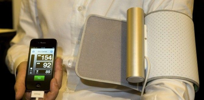 A Withings Smart Blood Pressure Monitor with an iPhone connection is displayed during a media preview event for the 2011 International Consumer Electronics Show (CES) in Las Vegas.