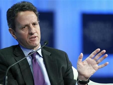 U.S. Secretary of the Treasury Geithner speaks during a session at the World Economic Forum in Davos