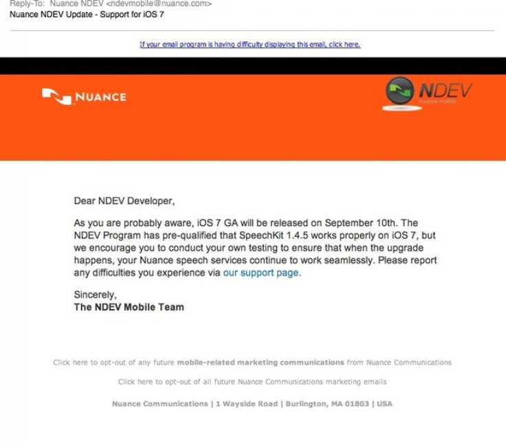 Nuance Developer Email iOS 7 release