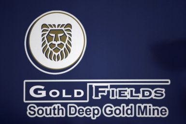 A Gold Fields Mine company logo is seen outside the South Deep Gold mine