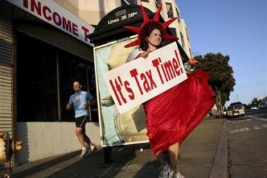 Denise Jameson wears costume to remind people of income tax filing in San Francisco