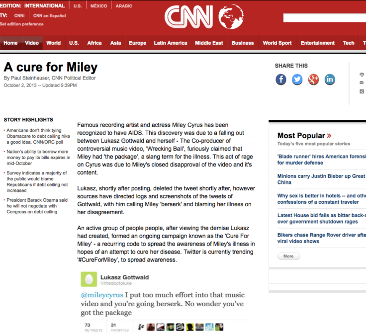 Fake "Cure For Miley" CNN Article