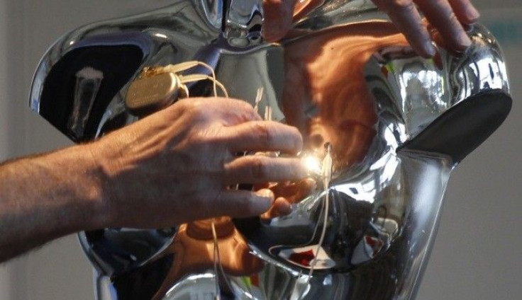 A cardiac pacemaker fixed on a sculpture at the Hanover Messe industrial trade fair