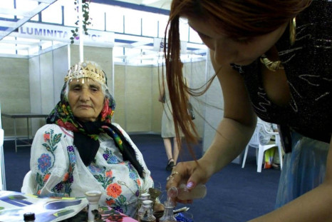 ROMANIAN GYPSY WITCHES FORTUNE TELLERS AT A FAIR IN BUCHAREST.