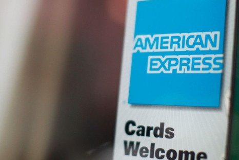 An American Express sign is seen on a restaurant door in New York