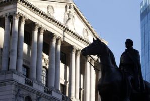 A statue is seen outside the Bank of England in the City of London February 8, 2011. 