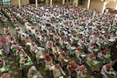 Secondary school students sit for an exam at the Abu Baker Al Arabi government school in Riyadh