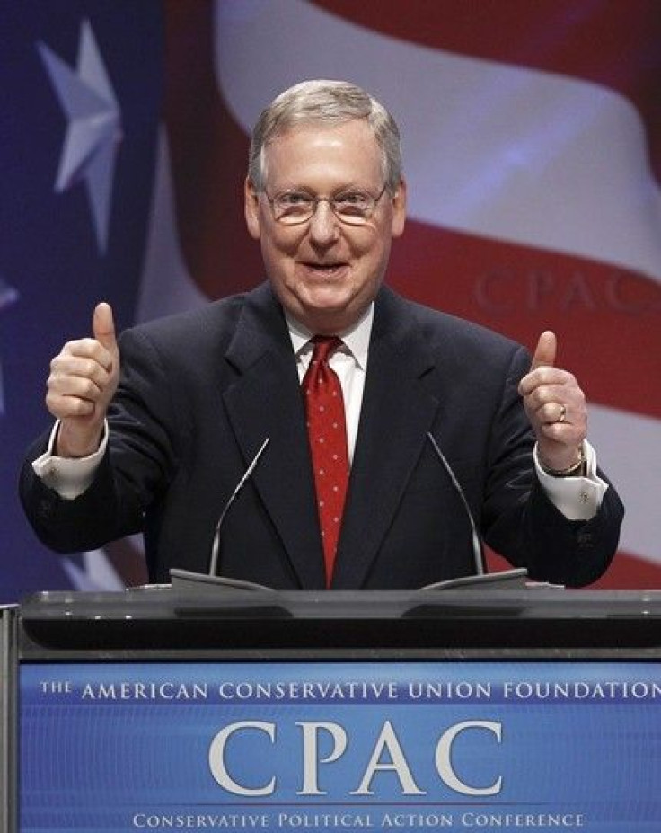 U.S. Senate Republican leader Mitch McConnell (R-KY) gives the thumbs up to the audience at the 38th annual Conservative Political Action Conference (CPAC) meeting at the Marriott Wardman Park Hotel in Washington, February 10, 2011. The CPAC is a project 