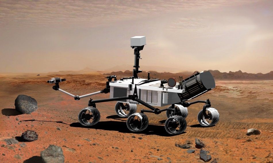 An artists conception of NASAs Mars Science Laboratory rover, on the surface of Mars.
