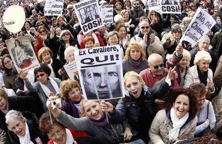 Protesters gather in Rome's Piazza del Popolo to demonstrate against Italian Prime Minister Silvio Berlusconi