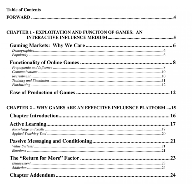 NSA Online Gaming Table of Contents