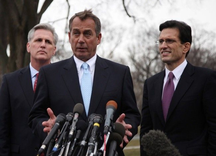 U.S. House Speaker John Boehner (C)(R-OH), House Majority Leader Eric Cantor (R)(R-VA) and Majority Whip Kevin McCarthy (R-CA) speak to the press outside the White House following their lunch meeting with U.S. President Barack Obama, February 9, 2011. 