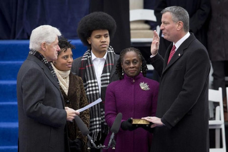 Bill De Blasio was ceremonially sworn in as the 109th mayor by former president Bill Clinton Wednesday. With them were De Blasio’s wife, Chirlane McCray, and children, Chiara and Dante.