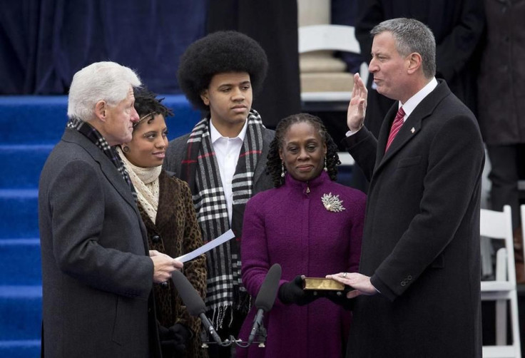 Bill De Blasio was ceremonially sworn in as the 109th mayor by former president Bill Clinton Wednesday. With them were De Blasio’s wife, Chirlane McCray, and children, Chiara and Dante.