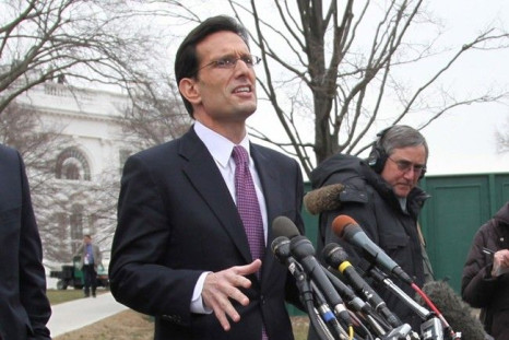 U.S. House Majority Leader Eric Cantor (R-VA) speaks to the press alongside U.S House Speaker John Boehner (L)(R-OH) and Majority Whip Kevin McCarthy (R-CA) following their lunch meeting with U.S. President Barack Obama at the White House in Washington, F