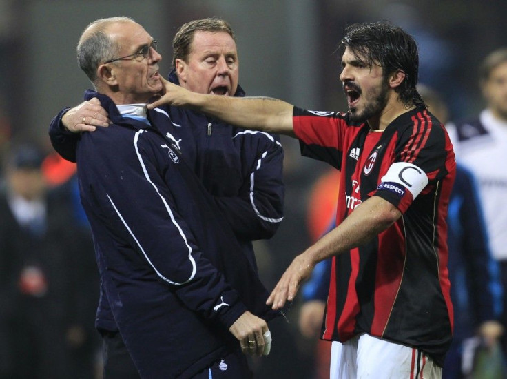 AC Milan's Gattuso argues with Tottenham Hotspur's first team coach Jordan next to manager Redknapp during their Champions League soccer match in Milan.