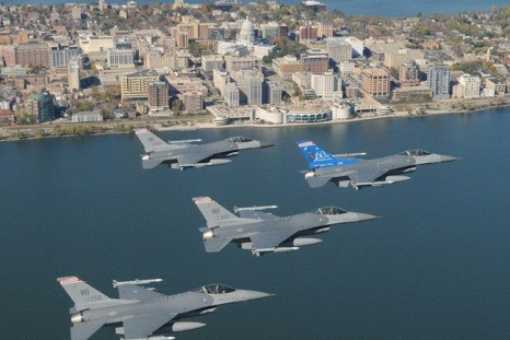 Four F-16C Fighting Falcons from the 115th Fighter Wing, Wisconsin Air National Guard fly over Wisconsin's capital city of Madison during a routine training mission, in this October 18, 2008 file photo. 