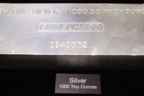 A 999 + Fine Silver 1000 Troy Ounce Engelhard Silver Bar is placed on the floor of the New York Stock Exchange November 9, 2010. 