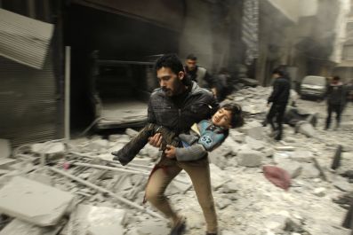 Syrian running with child