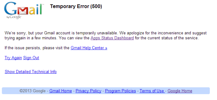 Gmail Down Temporary Error 500