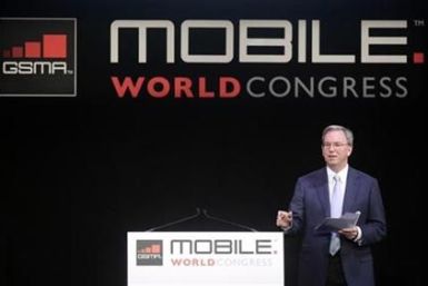Google CEO Eric Schmidt delivers a speech at the GSMA Mobile World Congress in Barcelona