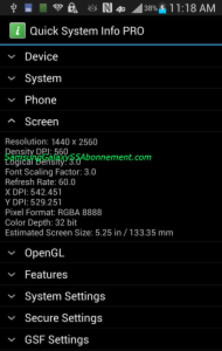 Supposed Samsung Galaxy S5 screenshot indicating QHD display.