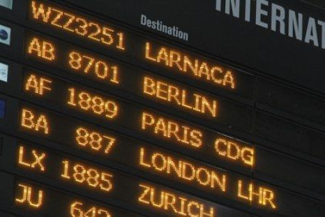 European flight destinations on a board at Otopeni international airport near Bucharest,