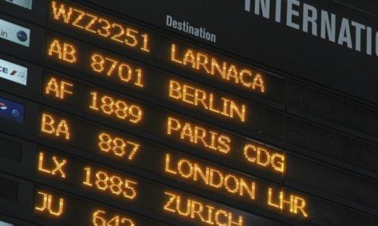 European flight destinations on a board at Otopeni international airport near Bucharest,