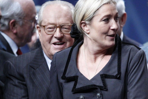 Marine, newly-elected France's far-right National Front political party leader, and Le Pen (L), former party leader, attend the National Front annual congress in Tours