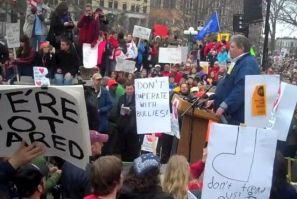 In a screen grab from video provided on the Wisconsin Education Association Council’s website, protesters in Madison, Wisconsin, rally on February 17, 2011 against a bill that would eliminate some collective bargaining abilities for state workers.