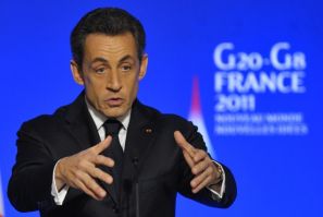 France's President Sarkozy speaks to G20 finance ministers and central bank governors at the Elysee Palace in Paris