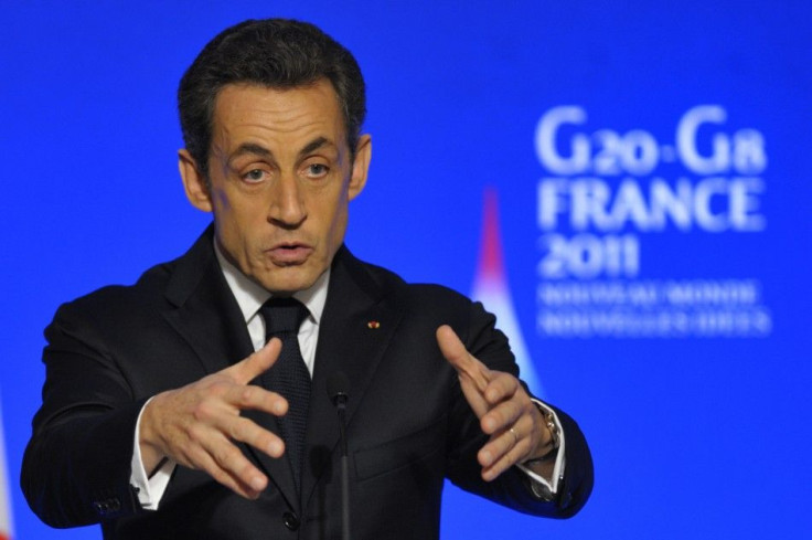 France's President Sarkozy speaks to G20 finance ministers and central bank governors at the Elysee Palace in Paris