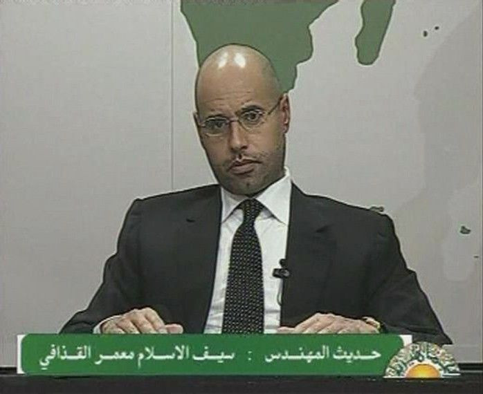 Saif al-Islam, son of Libyan leader Muammar Gaddafi, speaks during an address on state television in Tripoli, in this still image taken from video, February 20, 2011