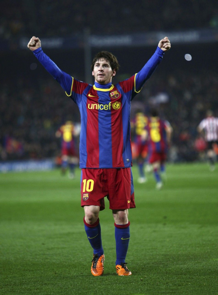 Barcelona's Lionel Messi celebrates his goal against Athletic Bilbao during their Spanish first division soccer match at Nou Camp stadium.