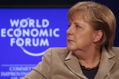 German Chancellor Merkel addresses a session at the WEF in Davos