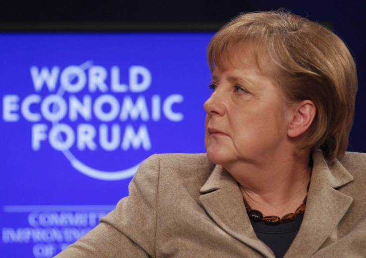 German Chancellor Merkel addresses a session at the WEF in Davos